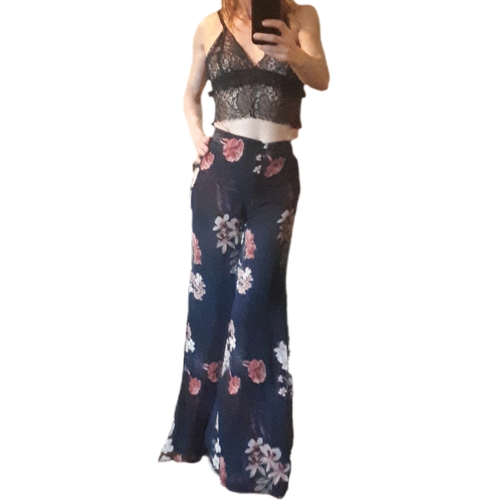 Zara Navy Floral Wide Leg Palazzo Pants